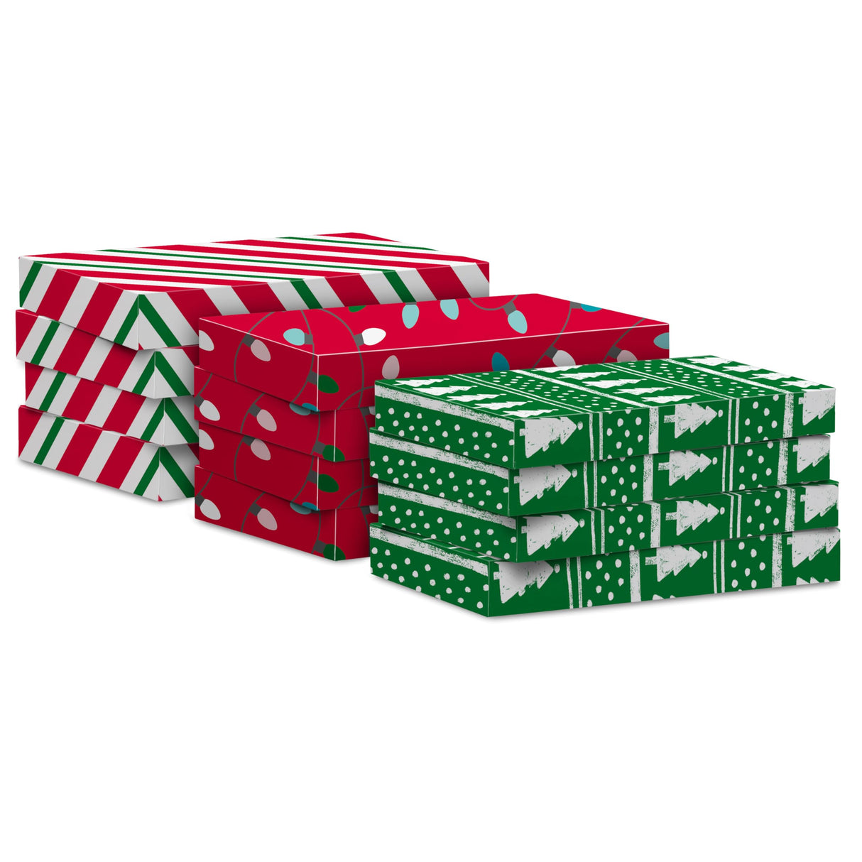 Hallmark Medium Christmas Gift Boxes with Lids (12 Shirt Boxes, 3 Designs: Lights, Trees, Red and Green Stripes) for Christmas, Holiday Parties, Hostess Gifts Hallmark