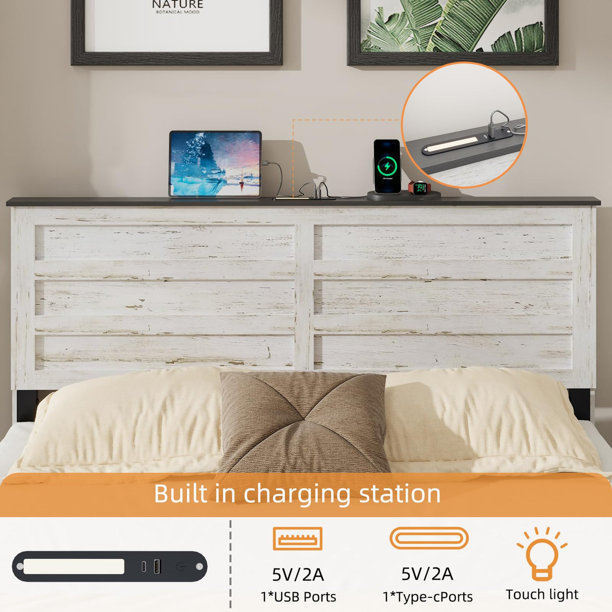 Wooden Full Size Bed Frame with Headboard – Boho White Rustic Farmhouse Storage Platform Bed with Charging Station & Sliding Barn Door Footboard, No Box Spring Needed, Noise-Free, Solid Wood Slats QNICE