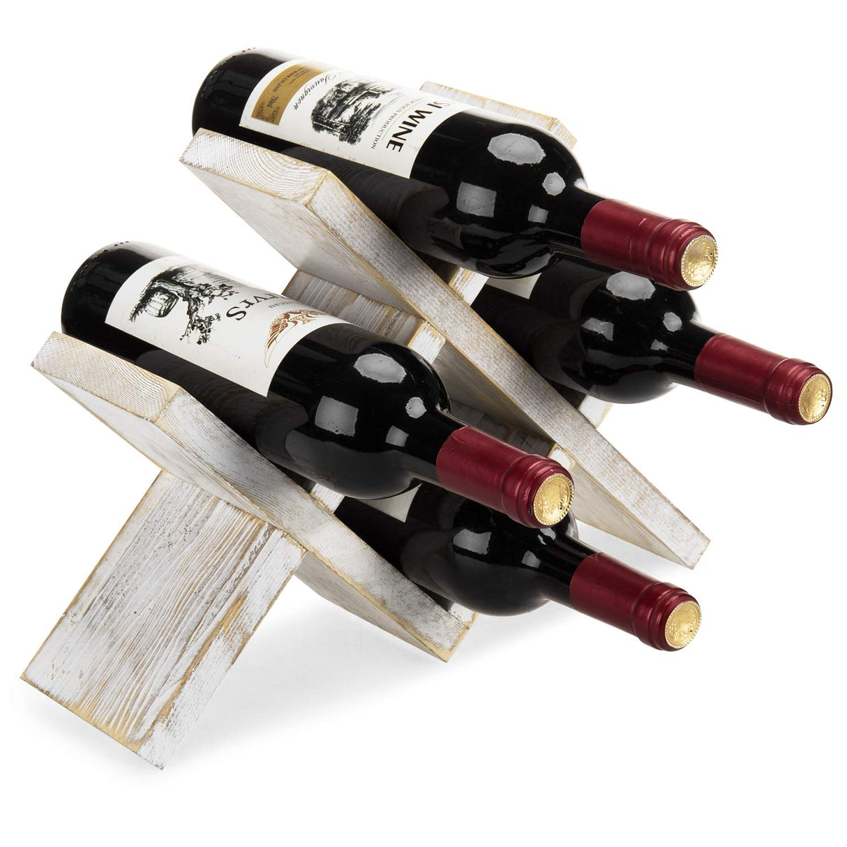 MyGift 4-Bottle Whitewashed Rustic Wood Countertop Wine Storage Rack MyGift