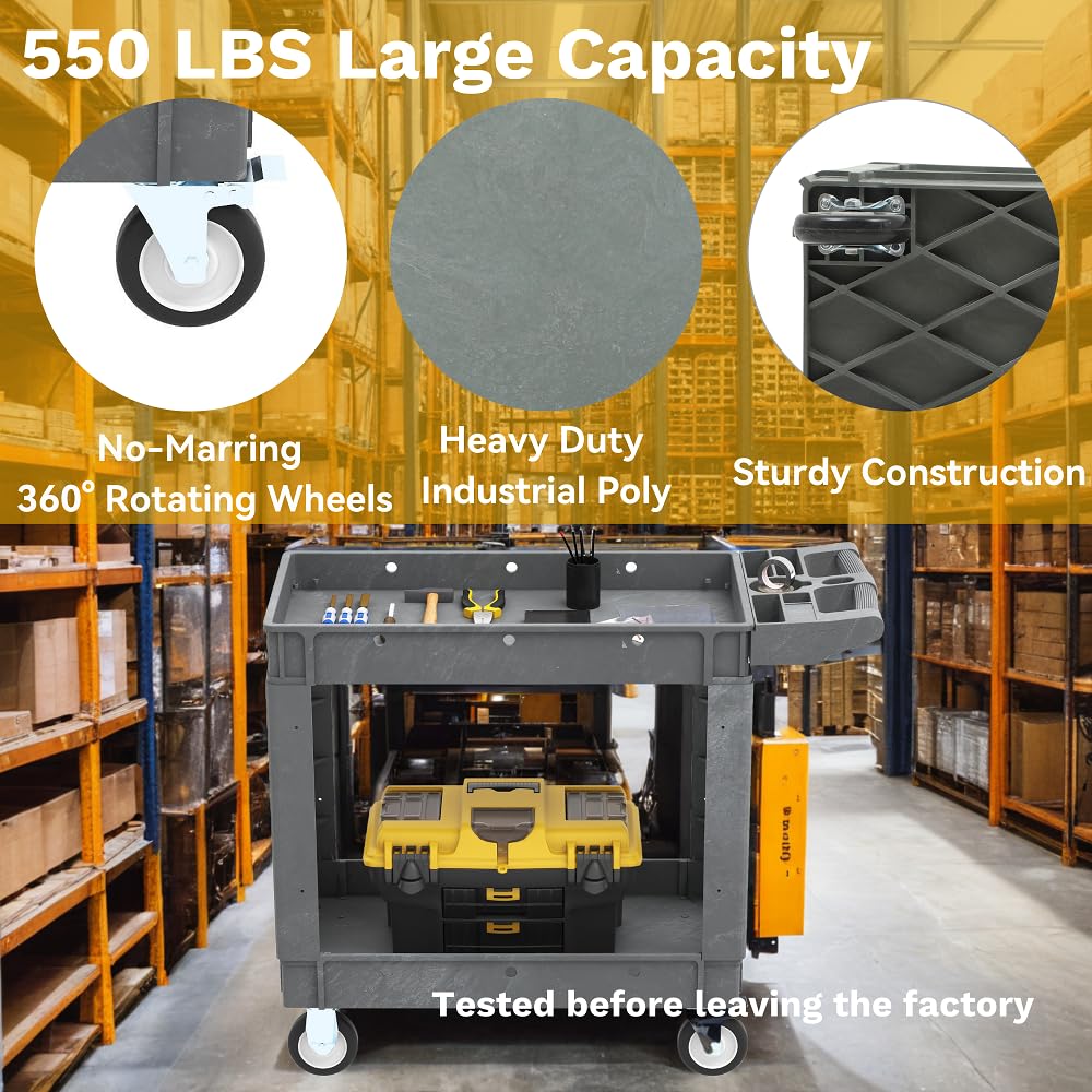 DWVO Utility Service Cart on Wheels, 550 lbs Capacity, 40 x 17 Inch Rolling Work Carts with Wheels, 2 Shelf Heavy Duty Plastic Cart Suitable for Warehouse, Garage, School & Office, Cleaning, Gray DWVO