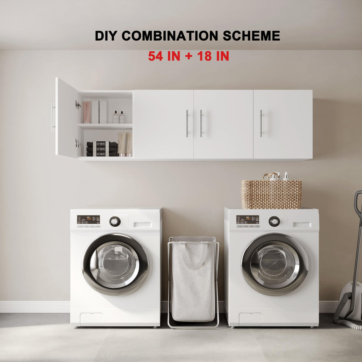 JPND Laundry Wall Cabinet, 54"W x 12"D x 20"H Wooden Wall Mounted Storage Cabinet, 3 Door Cabinet with Soft Close and Metal Handle and Adjustable Shelf, for Kitchen, Garage, Laundry, Bathroom, White JPND