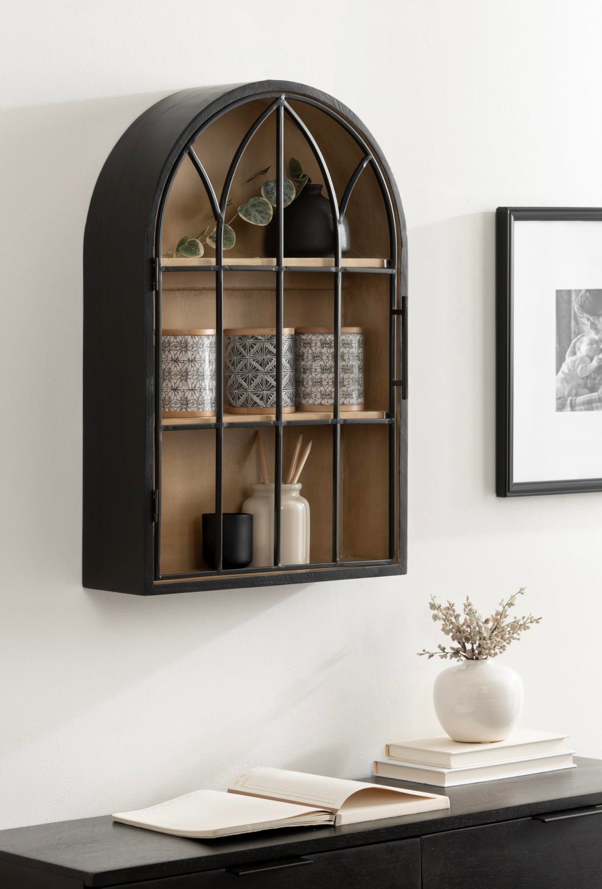 Kate and Laurel Megara Decorative Wooden Hanging Arched Wall Cabinet with Door for Open Storage; 16 x 6 x 24; Black and Natural Wood; Wooden Floating Wall Bathroom Cabinet for Above Toilet Storage Kate and Laurel