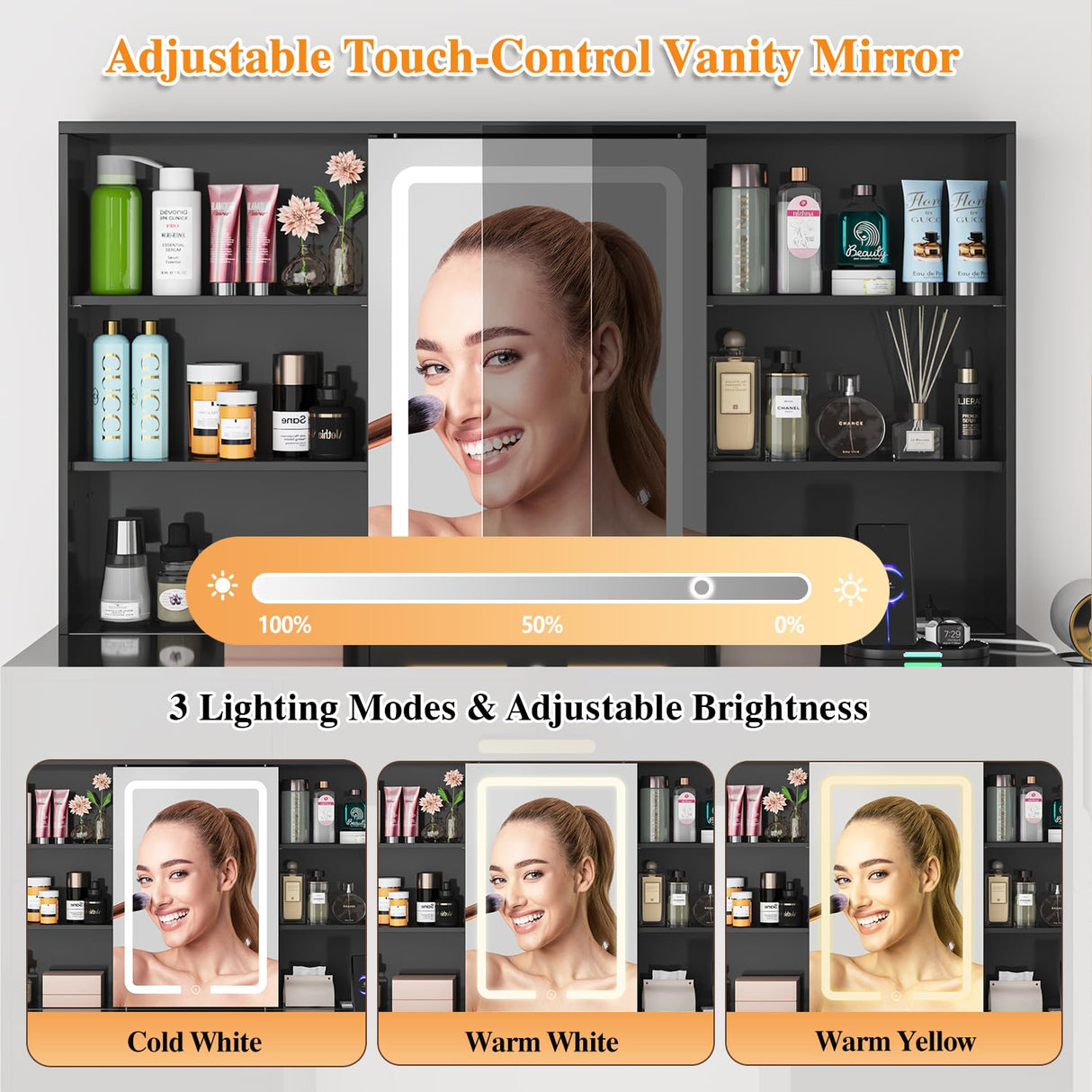 47'' W Large Vanity Desk with Mirror and Lights, 8 Storage Shelves 7 Drawers Vanity Table, Big Makeup Vanity Desk with 3 Lighting Modes, Vanity Dresser with Charging Station, Sliding Mirror (Black) knoworld