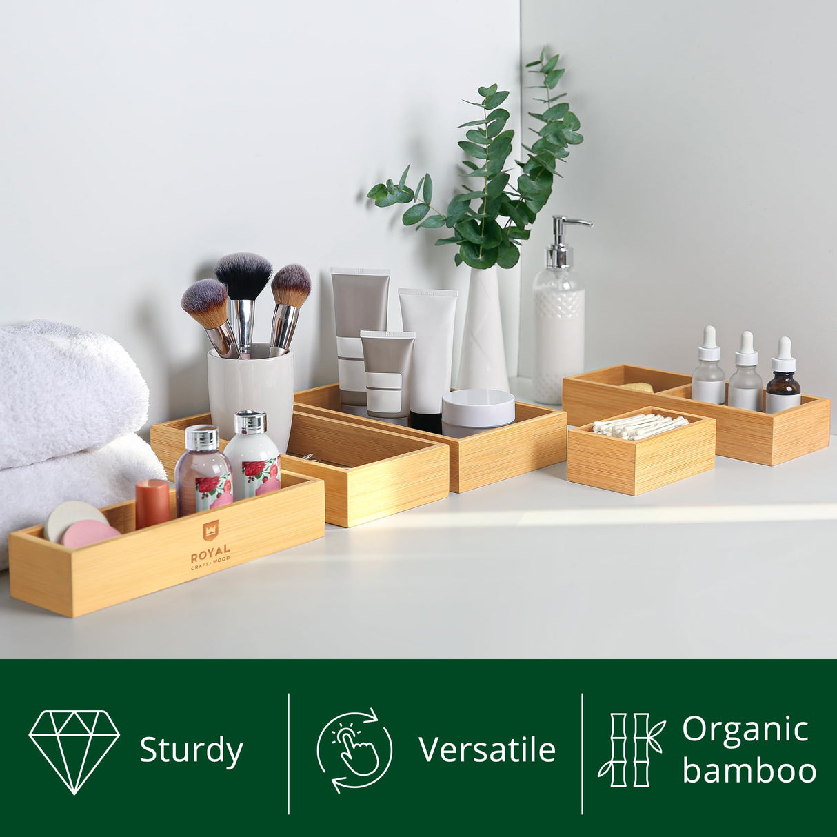 ROYAL CRAFT WOOD 5-Piece Bamboo Drawer Organizer Set โ Multi-Use Storage Trays for Kitchen, Bathroom, Office, Makeup, Jewelry & More โ Junk Drawer Tray, Utensil Holder, Storage Box & Bin Set (5 Boxes) ROYAL CRAFT WOOD