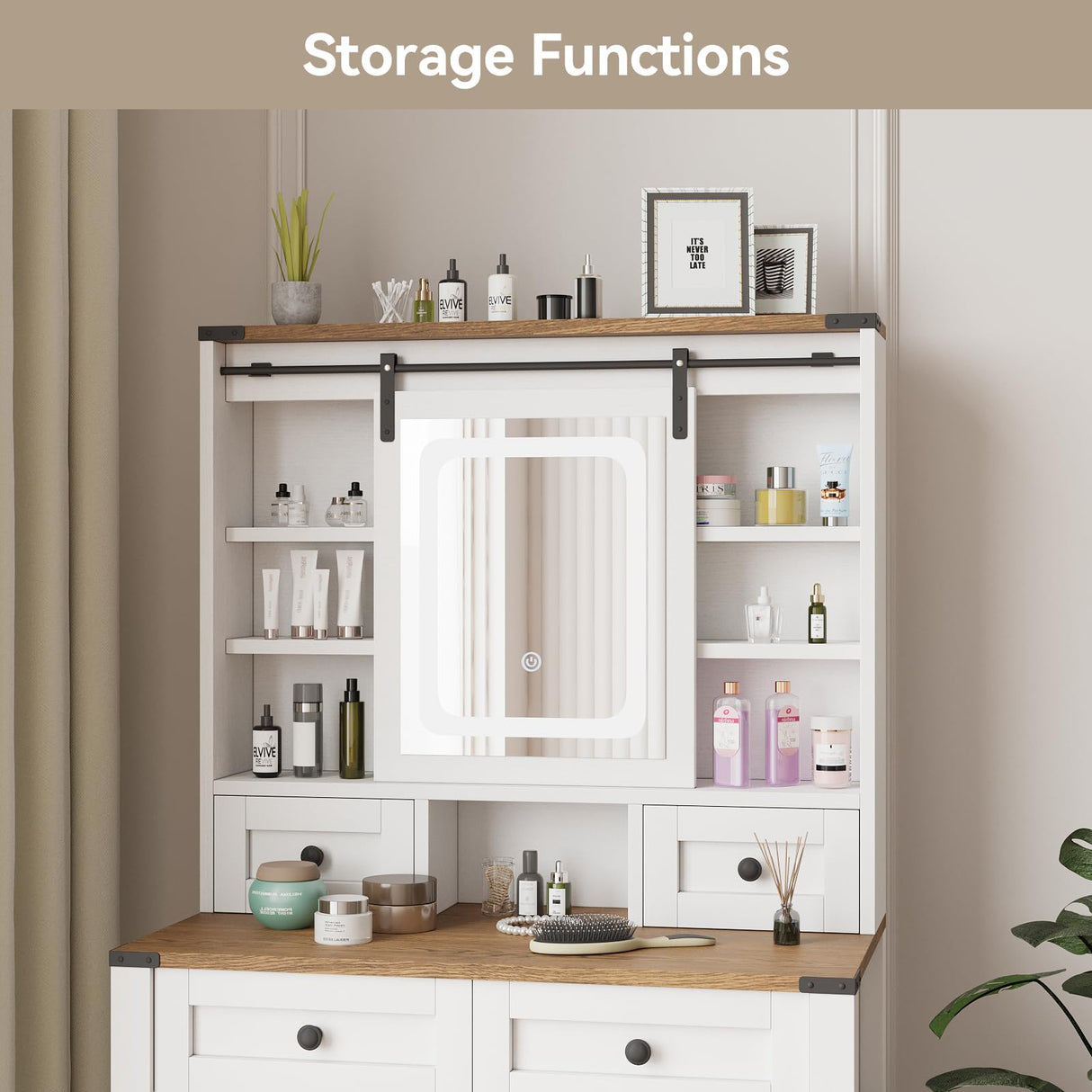 ARTETHYS Vanity Desk with Slide Mirror and Lights Farmhouse Makeup Vanity Set with Chair Small Dressing Table with Drawer for Bedroom, White and Brown ARTETHYS