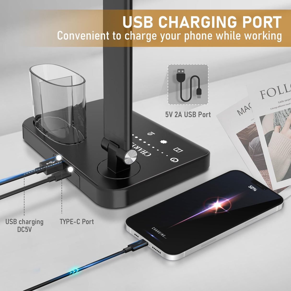 CHARYJOD Dimmable LED Desk Lamp with USB Charging Port, 50 Lighting Modes Dual Swing Arm Architect Table Lamp Light Desk Lamp for Home Office Dorm Piano Nail CHARYJOD