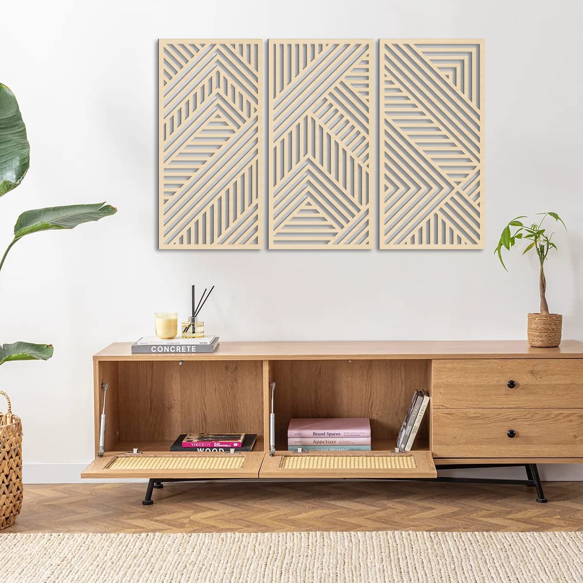 BINCUE Geometry Boho Wood Wall Art 3 Panel with 3D Hollow Craft Art for Kitchen & Bathroom & Living Room & Office Decor Hanging Wall Art Decor BINCUE