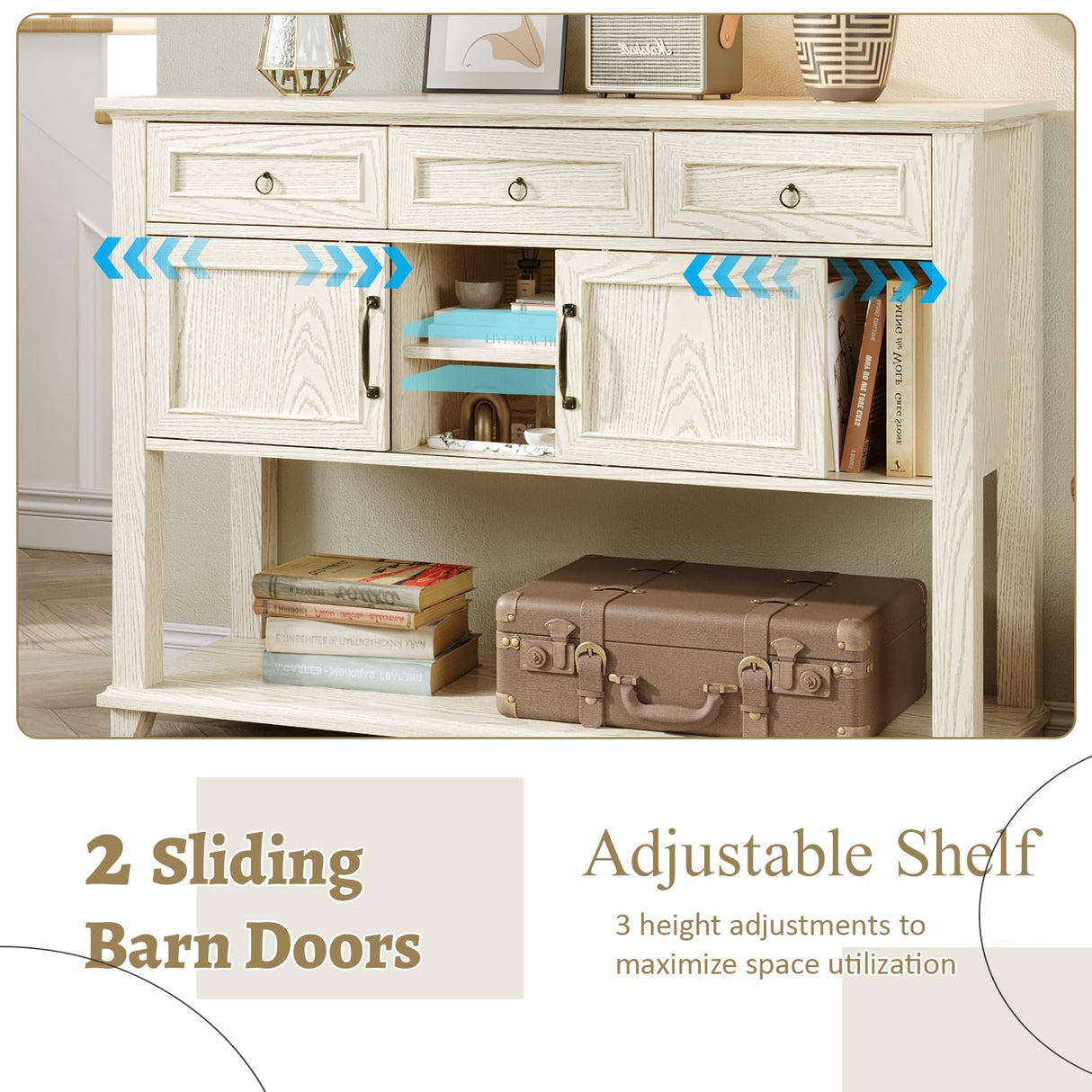 Vabches Entryway Table with 2 Sliding Barn Doors, 47" Farmhouse Console Table with Storage and 3 Drawers, Wood Rustic Sofa Table for for Living Room, Entryway, Hallway, White Grey Oak Vabches