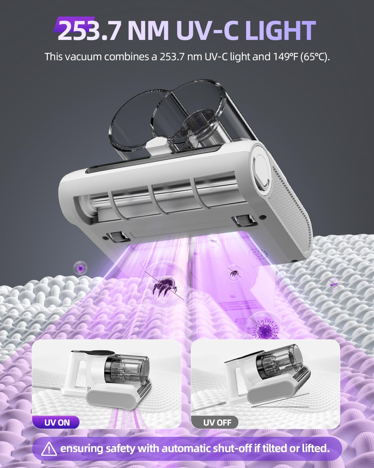 Mattress Vacuum Cleaner, Bed Vacuum Cleaner with 253.7nm UV-C Light, 16Kpa Suction, 36,000 RPM/Min Brushroll, Heating Function, Corded Bagrox