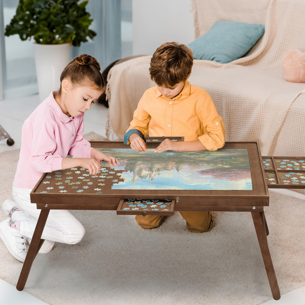 HALLYBEE Puzzle Table 1500 Pieces Wooden Puzzle Board with Legs, 34.3”x 26.5” Jigsaw Board with 4 Drawers and Cover, Foldable Leg Jigsaw Table for Adults Cho Brown HALLYBEE