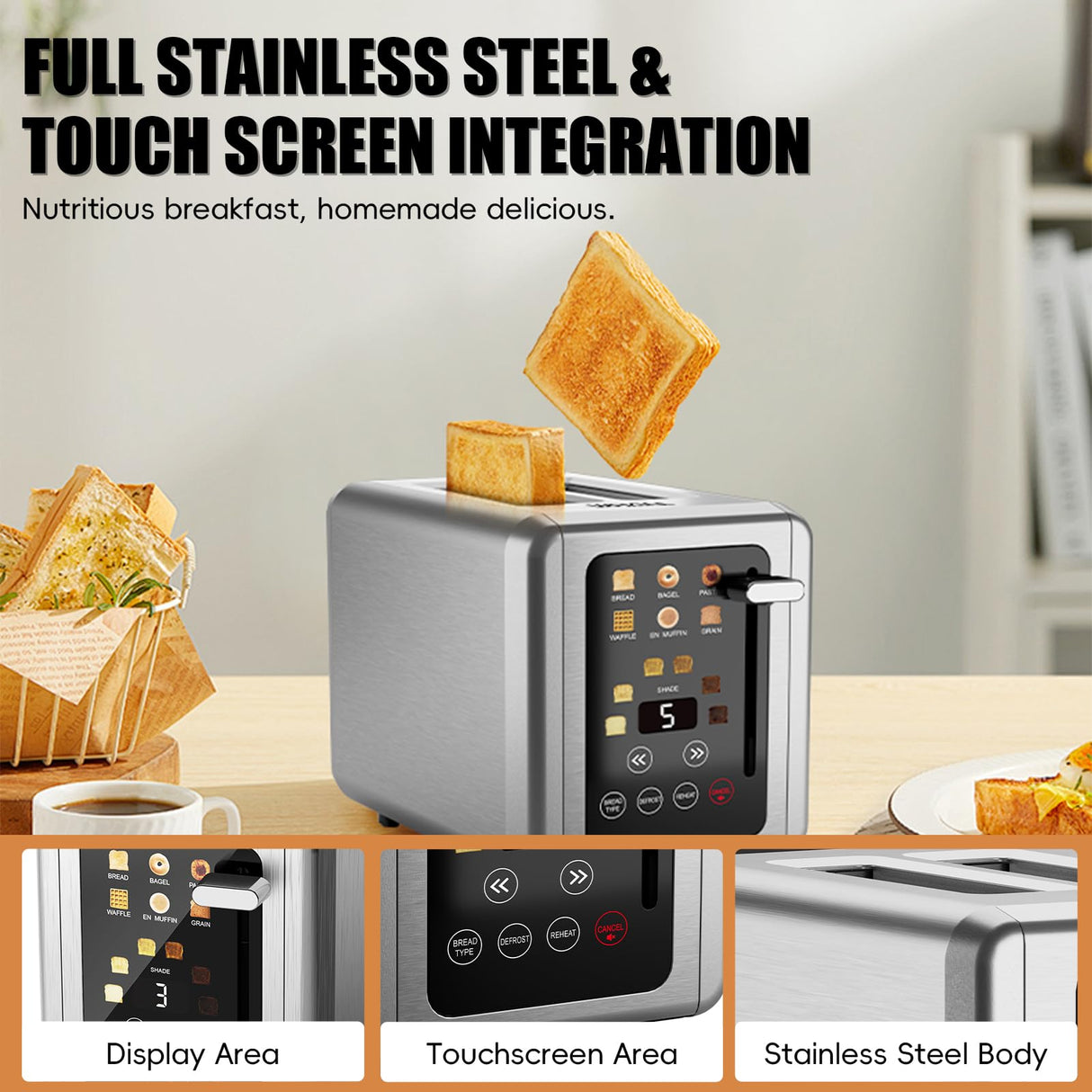 WHALL® Touch Screen Toaster 2 Slice, Stainless Steel Digital Timer Toaster, 6 Bread Types & 6 Shade Settings, Smart Extra Wide Slots Toaster With Bagel, Cancel, Defrost Functions whall