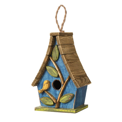 Glitzhome 9.5" H Hanging Bird House for Outdoor Patio Garden Decorative Pet Cottage Distressed Wooden Birdhouse with Natural Wood Slatted Roof and 3D Tree,Washed Blue