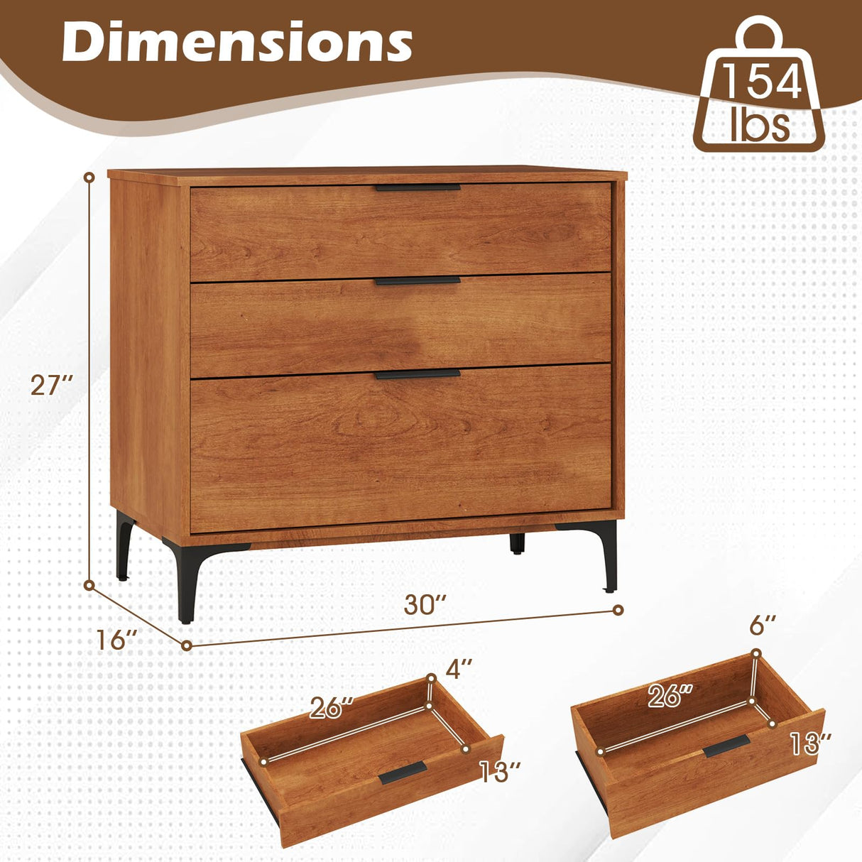 Giantex 3-Drawer Dresser for Bedroom, Multipurpose Chest of Drawers, Mid-Century Modern Storage Cabinet with Anti-Tip Kit, Clothes Organizer, 30”W Nightstand for Closet, Living Room, Entryway, Cherry Giantex