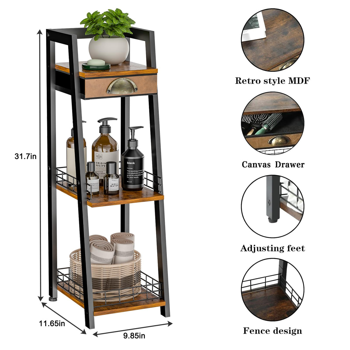 keomaisyto 3-Tier Narrow Bathroom Shelves with Drawer, Bathroom Organizers and Storage, Open Floor Ladder Shelf, Freestanding Tower Slim Standing Unit for Small Spaces - Rustic Brown keomaisyto