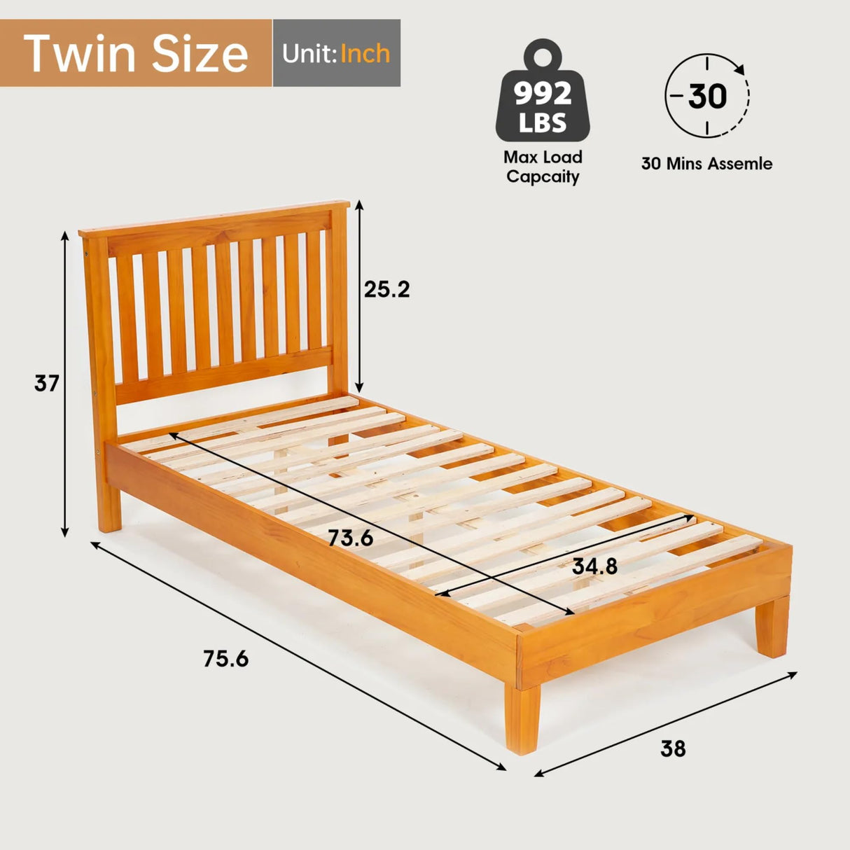 Solid Wood Twin Bed Frame with Headboard and Storage, No Box Spring Required Capacmkseh