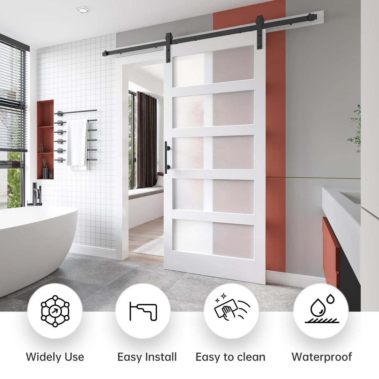 EaseLife 38in x 84in Glass Barn Door with 6.6FT Sliding Door Hardware Kit Included & Handle,Solid LVL Wood Covered with Water-Proof & Scratch-Resistant PVC Surface,DIY Assembly,5-Panel Glass,White EaseLife