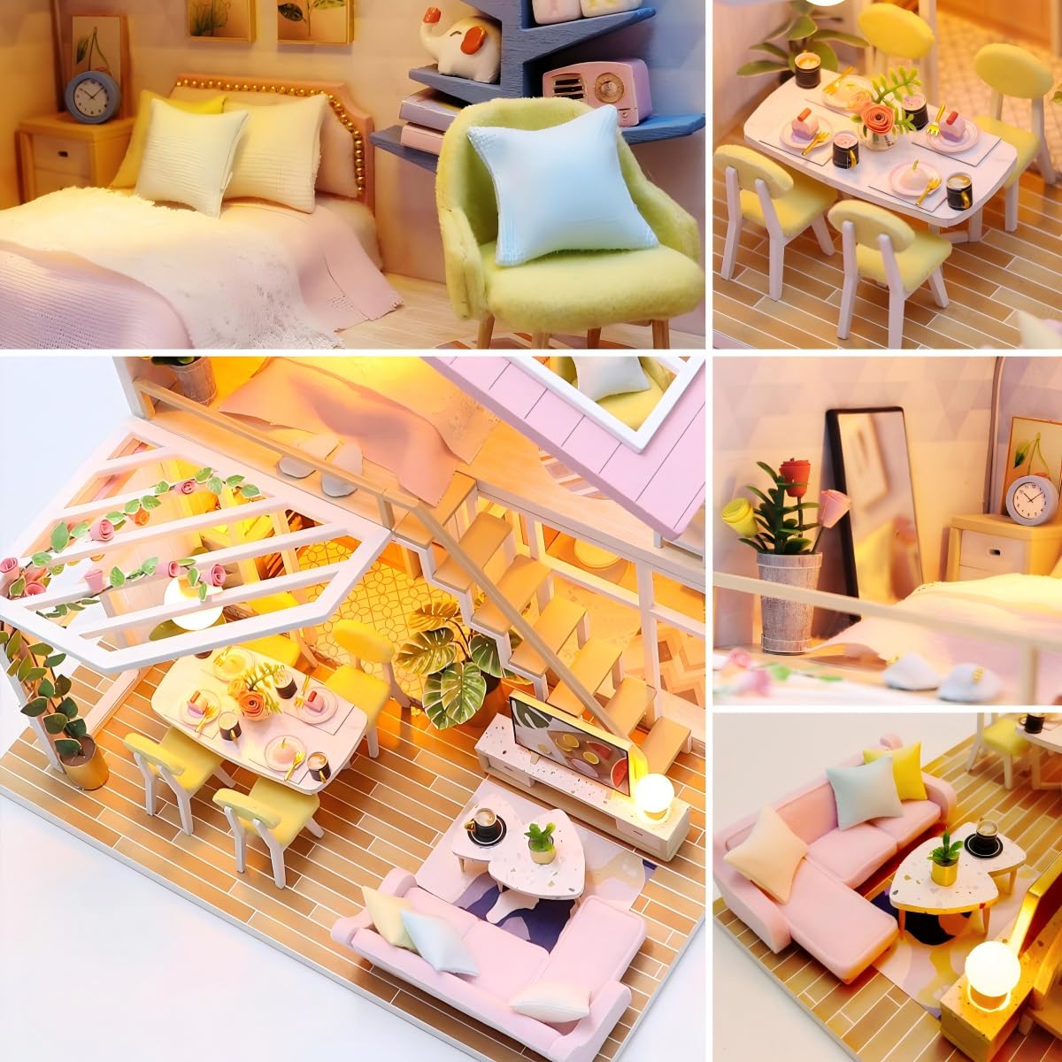 YSWOOD WORLD DIY Miniature House Kit, Tiny House Kit with Furniture & LED, DIY Wooden Dollhouse Miniature Kit for Adults Teen, Wooden Crafts Lovely Dollhouse Kit, Home Decor - Sweet Time YSWOOD WORLD