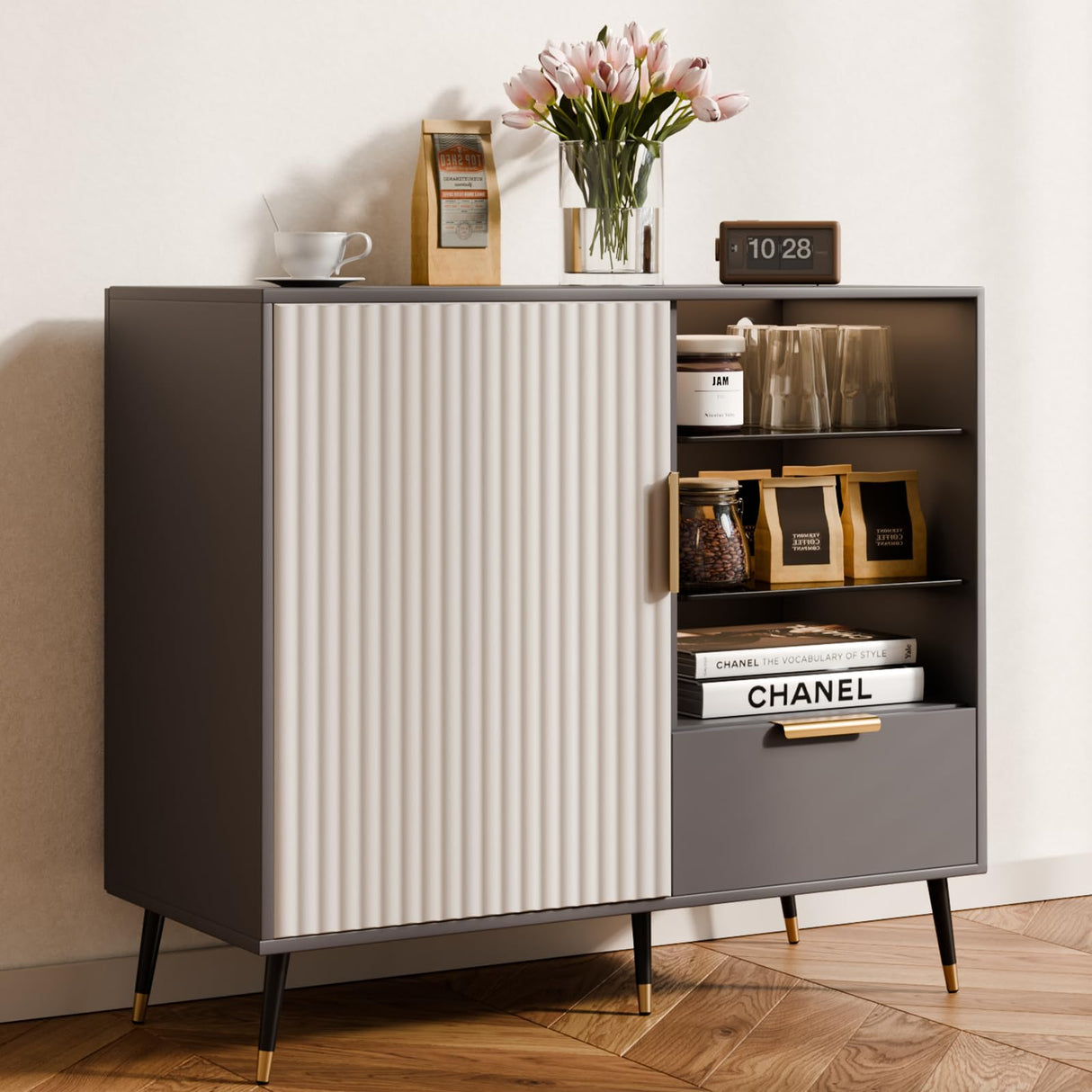 MODNEST 31" Fluted Sideboard Cabinet with Door and Drawer, Sideboard Buffet Cabinet with Storage, Coffee Bar with Adjustable Shelves for Kitchen, Living Room, Entryway, 31.5"x15.7"x31.5", Grey MODNEST