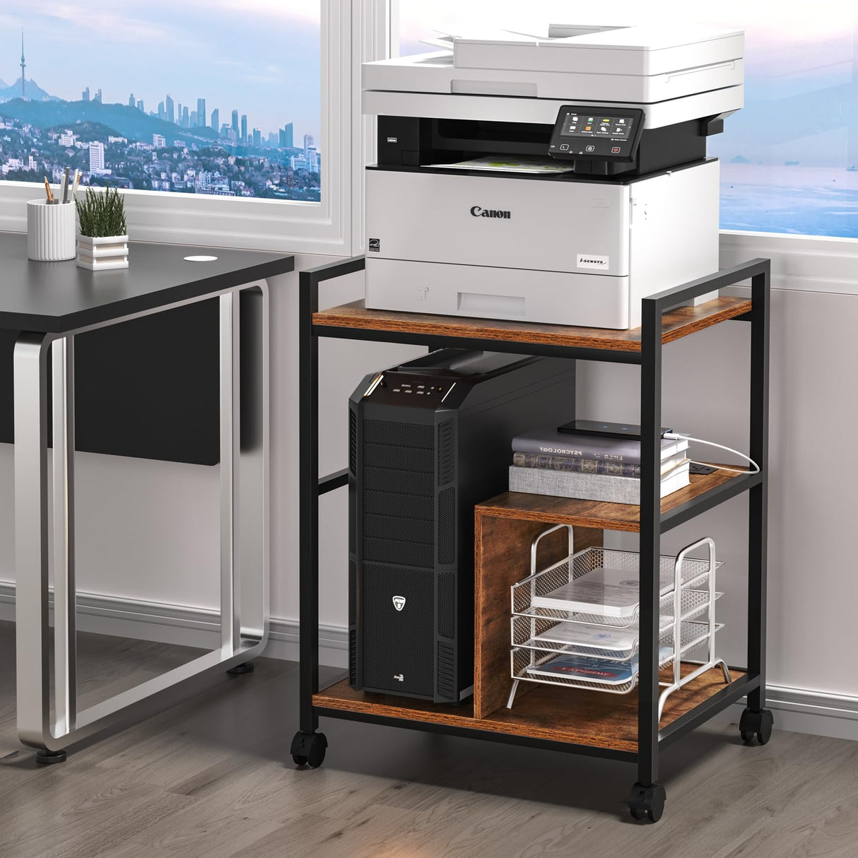 Lerliuo Printer Stand with Charging Station and USB Ports, Large 3-Tier Mobile Printer Table with Storage Shelf, Brown Rolling Industrial Printer Cart with Lockable Wheels for Home Office Lerliuo