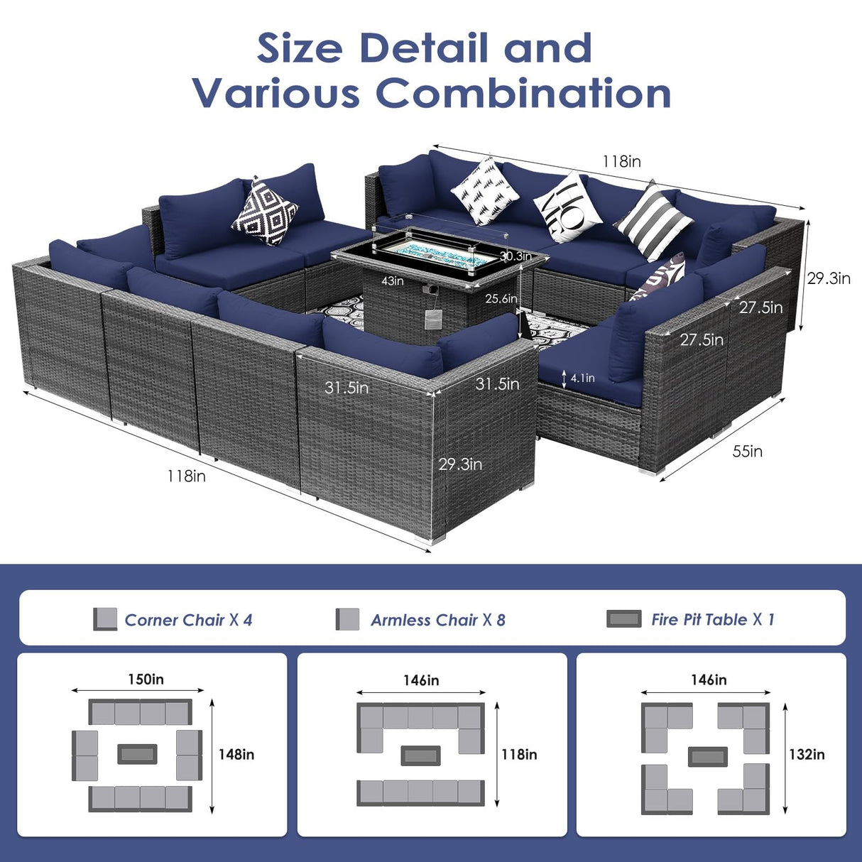 BULEXYARD 13 Piece High Back Outdoor Furniture Sets with Fire Pit, Luxury Patio Sectional Couch Sofa 12-Seater Modular, Comfortable Extra Large Wide Deep Backyard Seating Conversation Set, Grey & Blue BULEXYARD