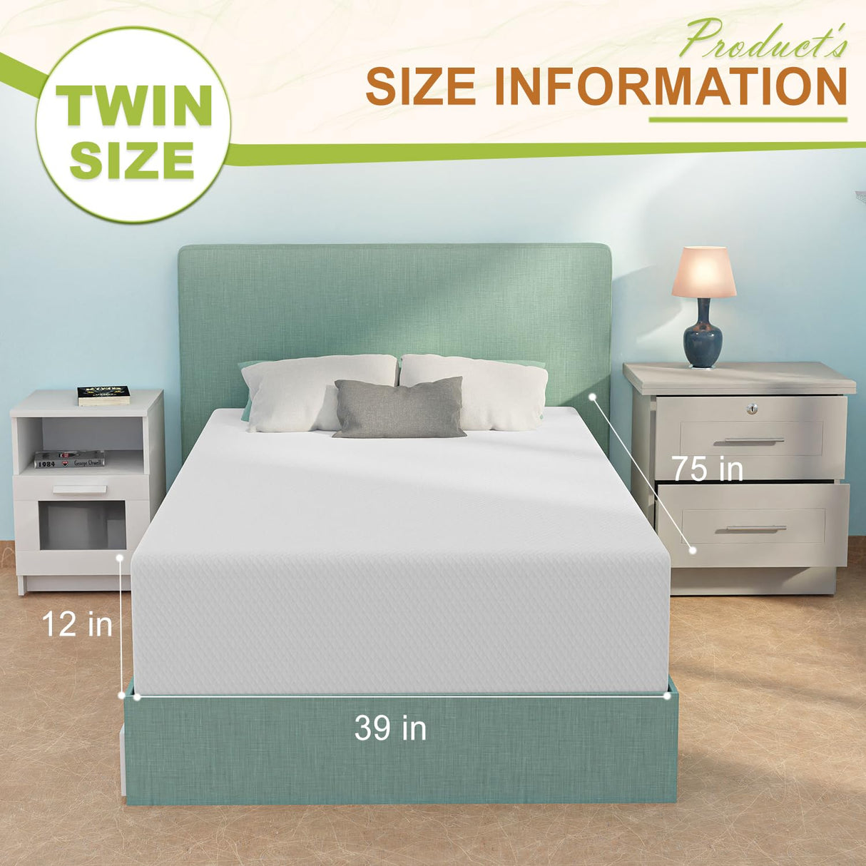 12 Inch Twin Mattress, Gel Memory Foam Twin Size Mattress, Pressure Relieving, Cooling Gel Foam, Twin Mattress in a Box, Certipur-Us Certified, Bed-in-a-Box, Twin, 75"L x 39"W x 12"Th, White NChanmar