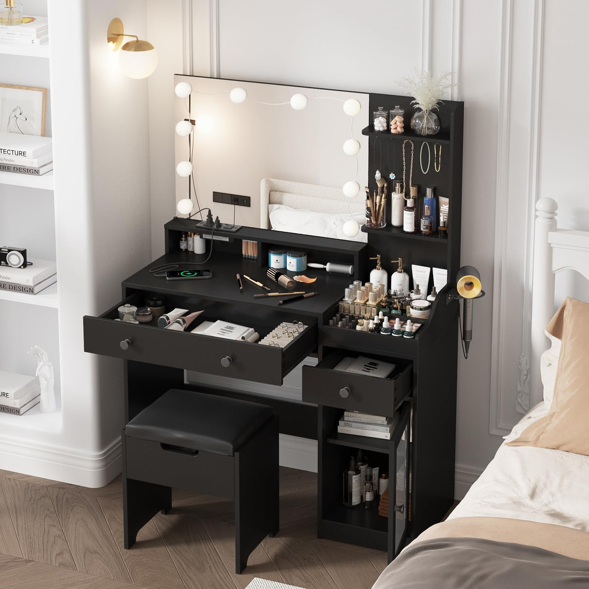 Vabches Makeup Vanity with Mirror and 10 Lights, Big Vanity with 3 Storage Compartments & Power Outlets, Vintage Vanity Set with Large Drawer and Cabinet, 39.8inch, Black Vabches