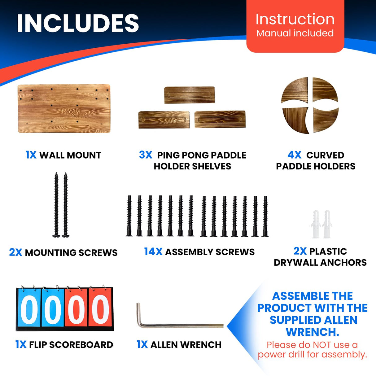 WAKUBON Ping Pong Paddle Holder Wall Mount Storage Rack - Table Tennis Racket Display Accessories Organizer - Holds 6 Paddles and 12 Balls - with Flip Scoreboard WAKUBON