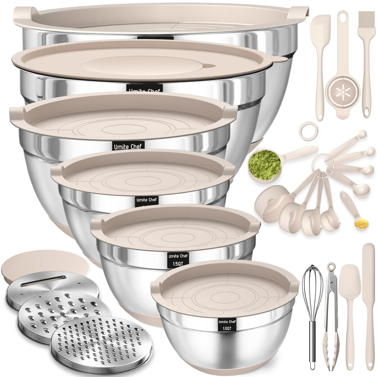 Mixing Bowls with Airtight Lids Set, 26PCS Stainless Steel Khaki Bowls with Grater Attachments, Non-Slip Bottoms & Kitchen Gadgets Set, Size 7, 4, 2.5, 2.0,1.5, 1QT, Great for Mixing & Serving Umite Chef