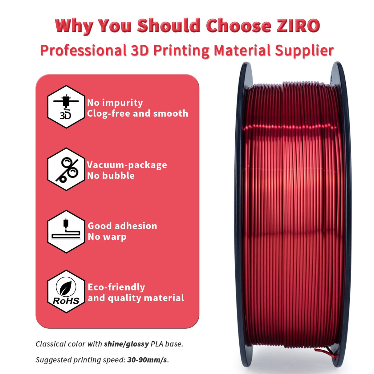 ZIRO PLA Filament 1.75mm, Shining Red 3D Printer Filament Silky, Silk 3D Printing Filament, Dimensional Accuracy +/- 0.03mm, Fit Most 3D FDM Printers Metal Metallic 1KG/2.2lb Spool ZIRO