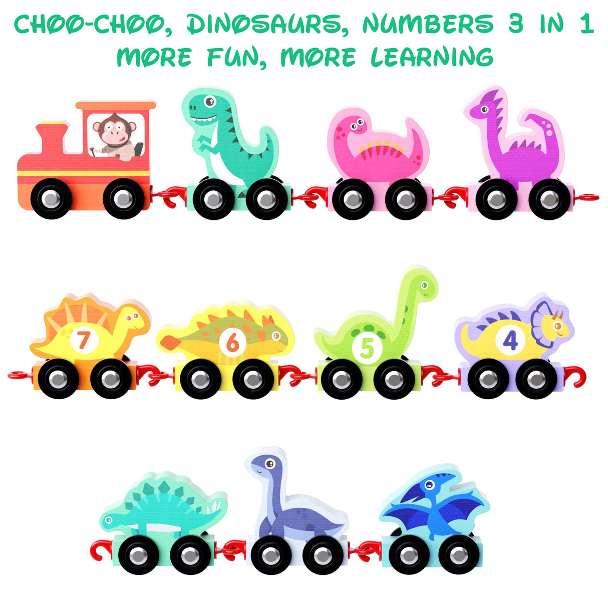 HELLOWOOD Dinosaur Toys for Toddlers Age 2-4, Wooden Dinosaur Train Set with Playmat/Storage Bag, Montessori Educational Toys for 2+ Years Old Boys & Girls HELLOWOOD