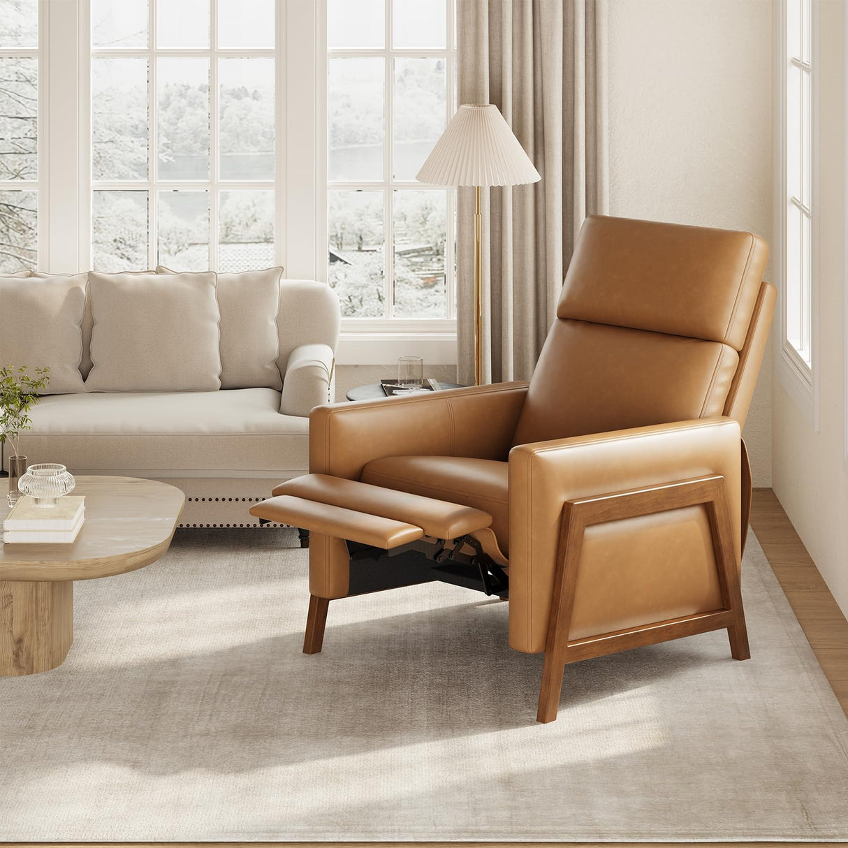 COLAMY Push Back Recliner Chair, Upholstered Leather Recliner with Footrest 118-150 Degree Adjustable, Comfy Modern Wingback Recliner for Living Room, Bedroom,Small Spaces,Camel COLAMY