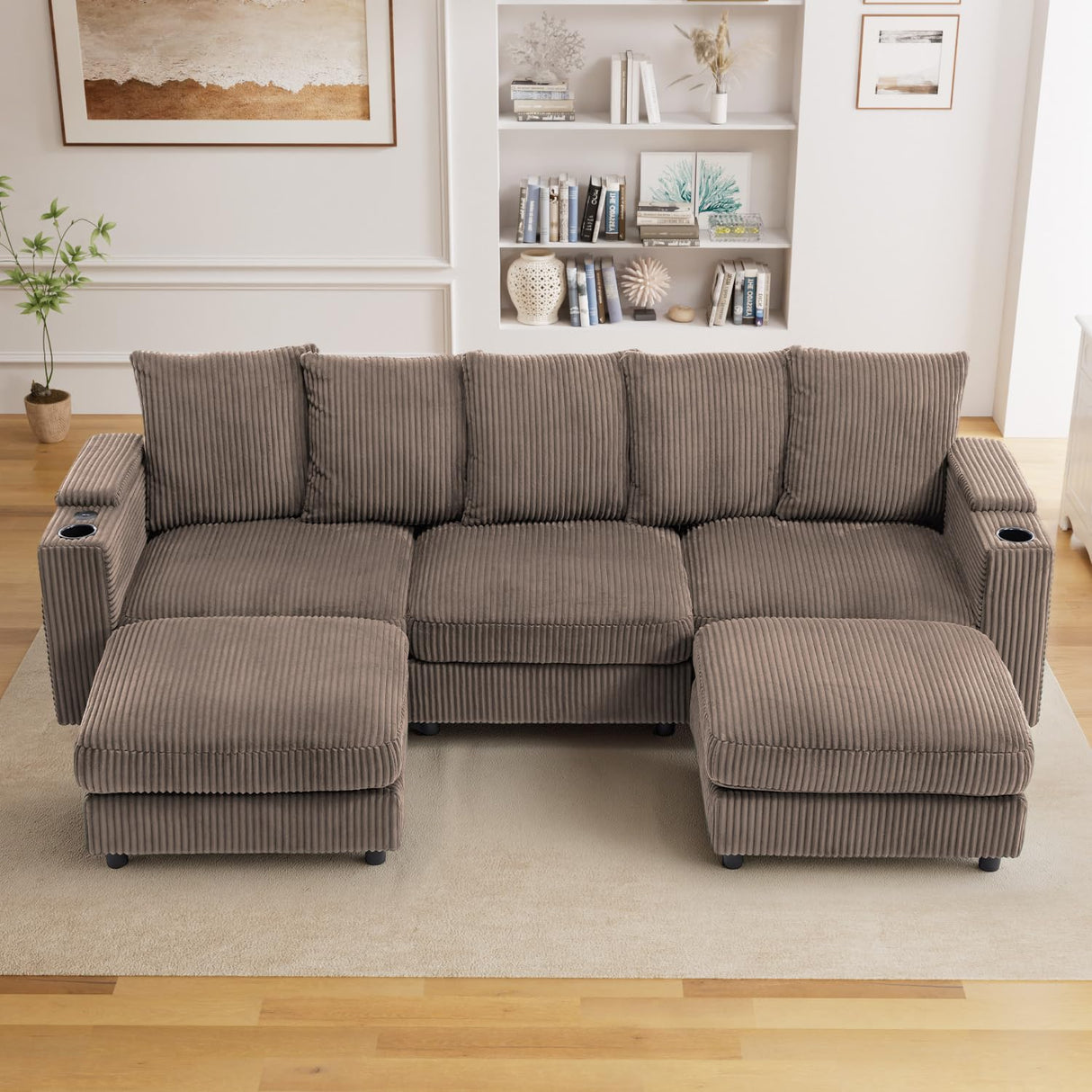 110" Oversized Cloud Couch U Shaped Modular Sectional Sofa L Shaped Sectional Couches for Living Room Comfy Corduroy Cloud Sofa with Ottoman, USB Port, Cup Holder, Armrest Storage, Side Pocket, Brown ONEMMLION