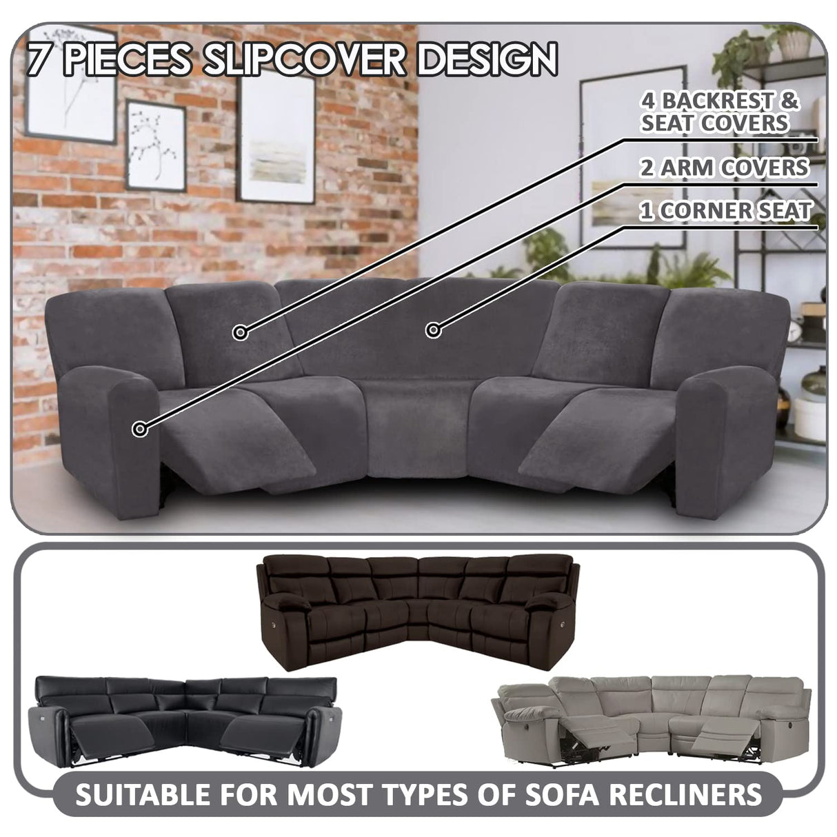 ULTICOR 7-Piece Sectional Sofa Covers, Velvet Stretch Reclining Couch Covers for Reclining L Shape Sofa, Thick, Soft, Washable (Dark Grey, 5 Seat Recliner Cover) ULTICOR