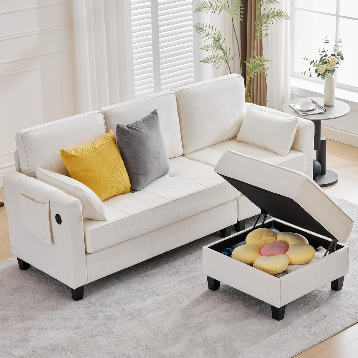 MAGIC UNION Convertible Sectional Couches for Living Room - Small Space Couches L-Shaped Sofa, Upholstered 3 Seats Sofas W/Storage Chaise, USB Ports, Side Pockets and Pillows (Chenille Fabric, White) MAGIC UNION