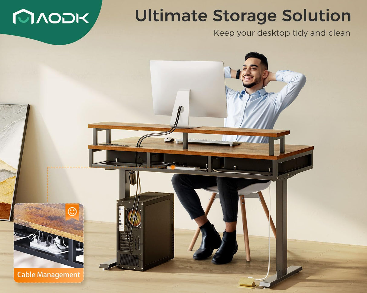 AODK 47 Inch Electric Standing Desk with 3 Drawers, Brown, Height Adjustable Desk with Power Outlets & LED Lights, Stand Up Desk with Monitor Shelf, Sit Stand Desk Computer Workstation AODK
