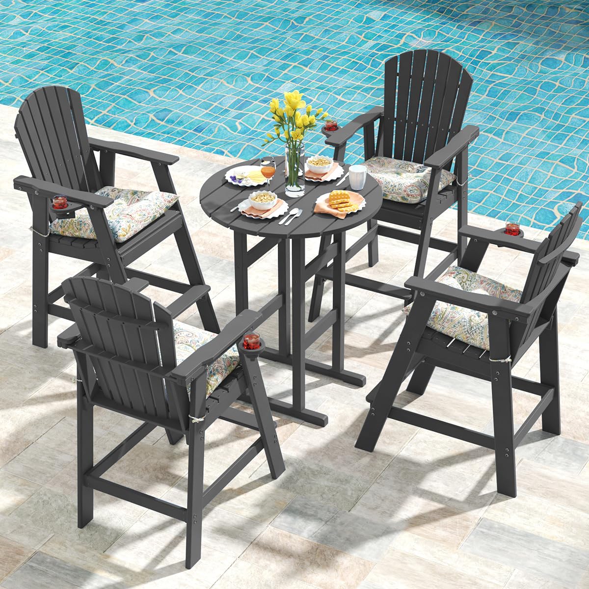 Sundale Outdoor 5 Pieces Adirondack Bar Set, Patio Counter Height Adirondack Chairs Set of 4 and Round Table, High Top HDPE Stools and Pub Table, Tall Bistro Dining Furniture Set for 4, Gray Sundale Outdoor