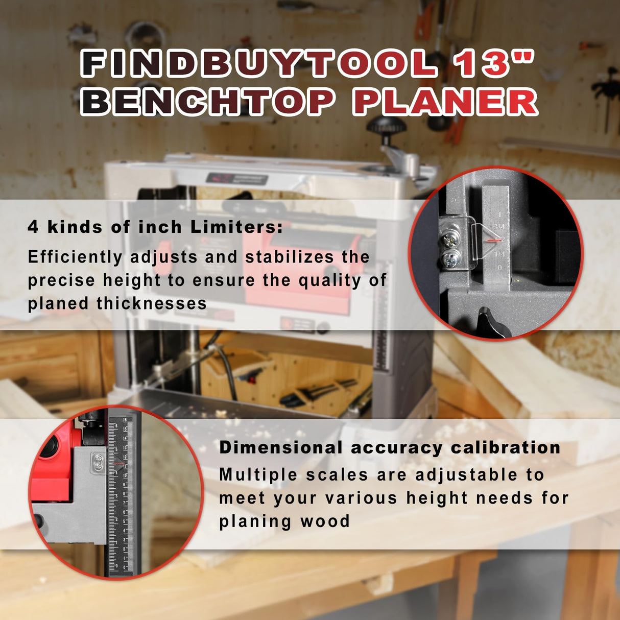 FindBuyTool 13" Benchtop Wood Thickness Planer with Helical Cutterhead, 120V 15-AMP 20000RPM Power Electric Motor Infeeding Worktable for Woodworking FIND BUY TOOL