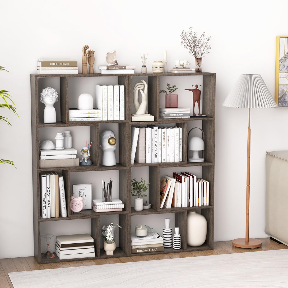 Tangkula 5 Tier Geometric Bookshelf, 48”H Freestanding 8-Cube Open Bookcase, Wooden Storage Display Shelf, 2 Anti-Toppling Devices, 8 Cubes Home Office Decor Room Divider for Living Room (1, Gray) Tangkula