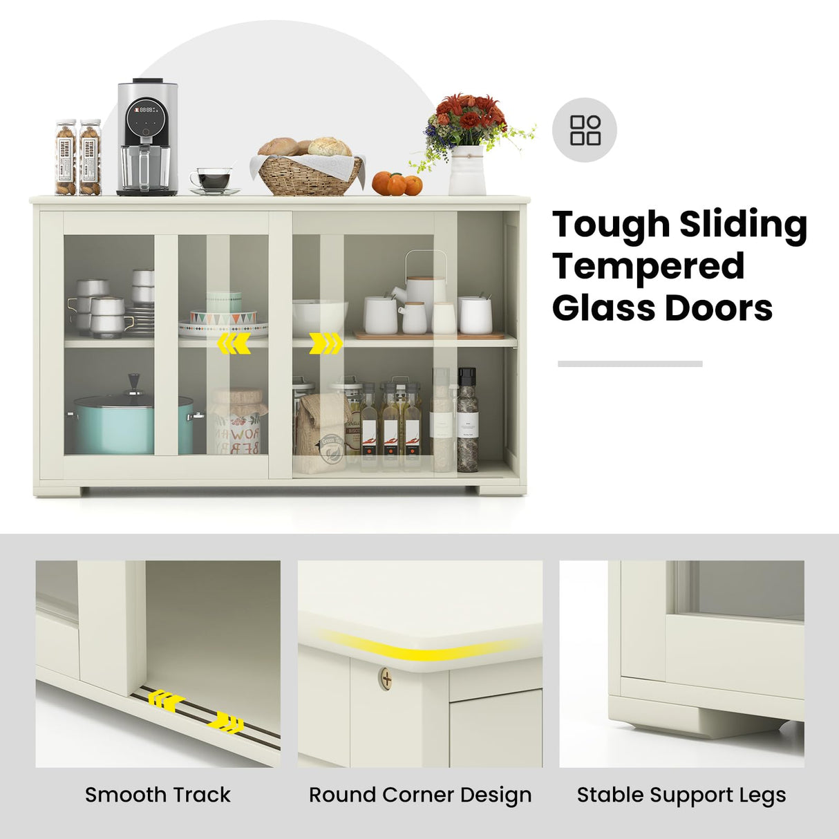 COSTWAY Buffet Sideboard with Storage, 2-Door Floor Cupboard with Sliding Tempered Glass Cabinet & Adjustable Shelf, Stackable Storage Cabinet for Kitchen, Entryway (White) COSTWAY