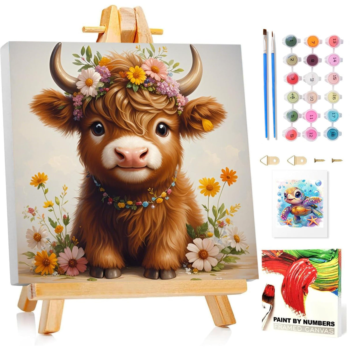 Mandun Paint by Numbers Kit for Kids with Frame, Cow Paint by Numbers for Kids Ages 4-8-12, DIY Cow Acrylic Oil Painting for Home Wall Art Decor Gift 9.8x9.8 inch (with Frame Easel) Mandun