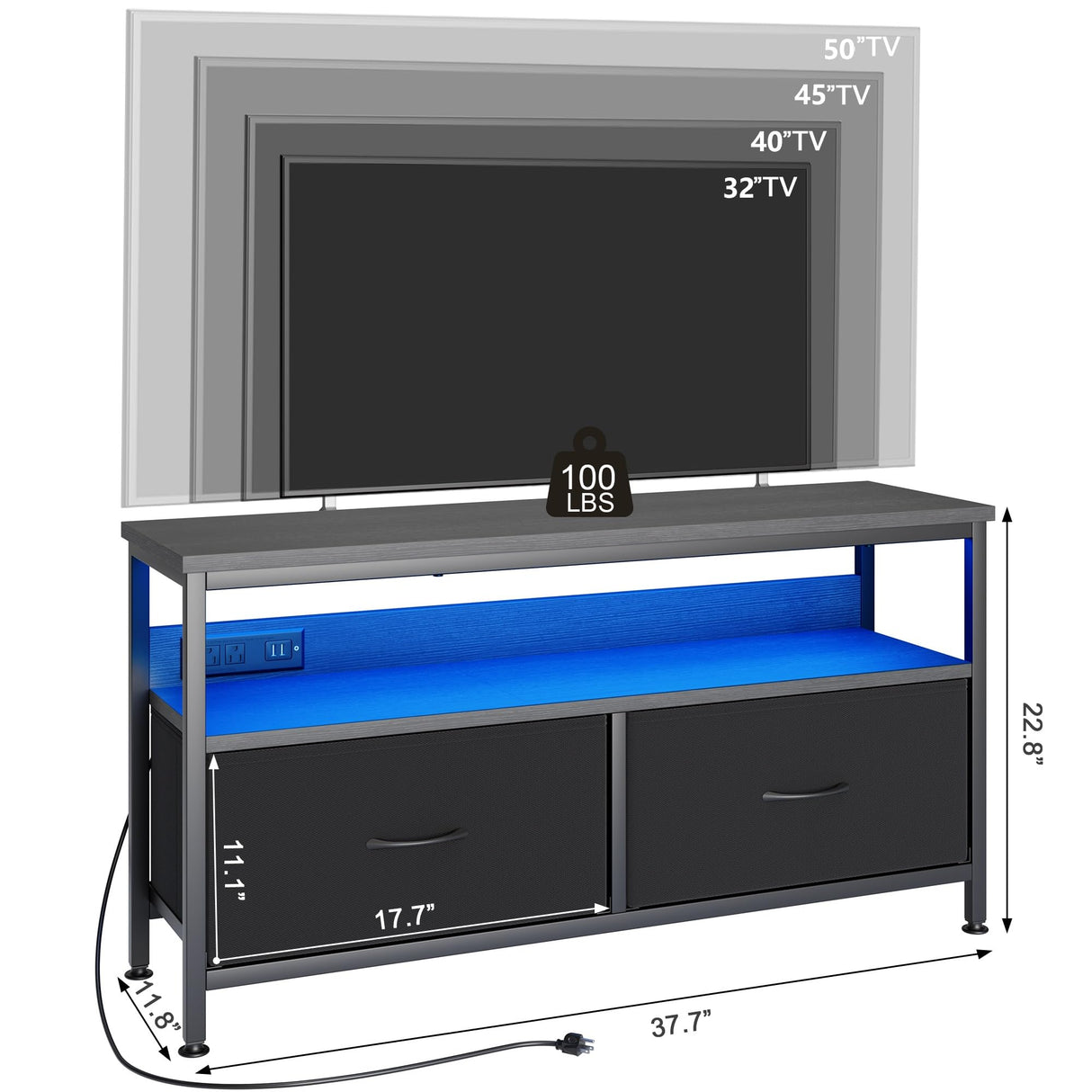 J-yaamiZz 39" Dresser TV Stand for TVs up to 50", Media Console with LED Lights, Charging Station & 2 Drawer Storage Chest, Gaming Entertainment Center with Storage for Bedroom (Black, 39 in) J-yaamiZz