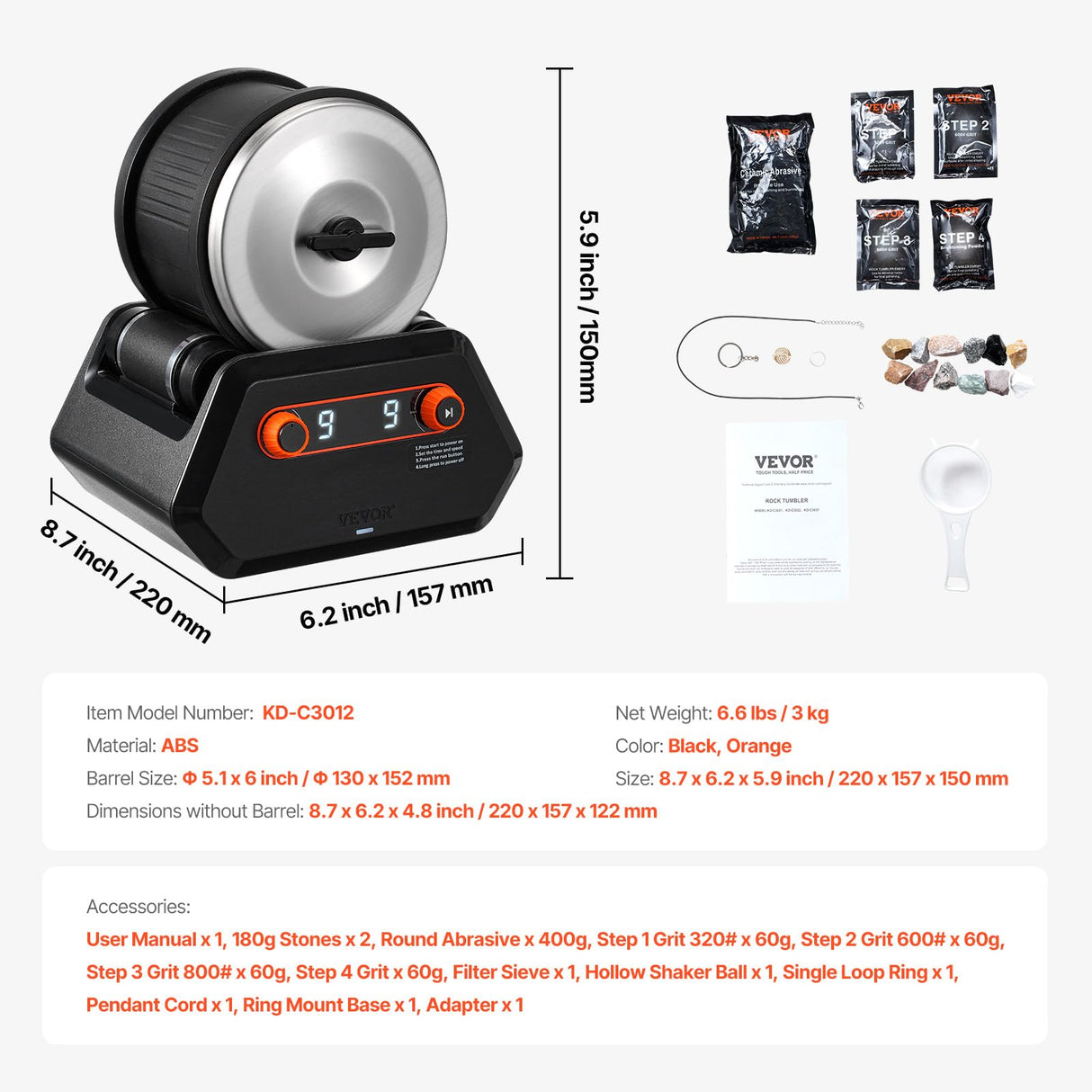 VEVOR Rock Tumbler Kit, 4 lbs Rock Polishing Kit, 9 Speed Settings 9-Day Polishing Timer Stone Polishing Kit, Rock Polisher with Rough Gemstones and Polishing Grits, Rock Polisher for Kids Adults VEVOR