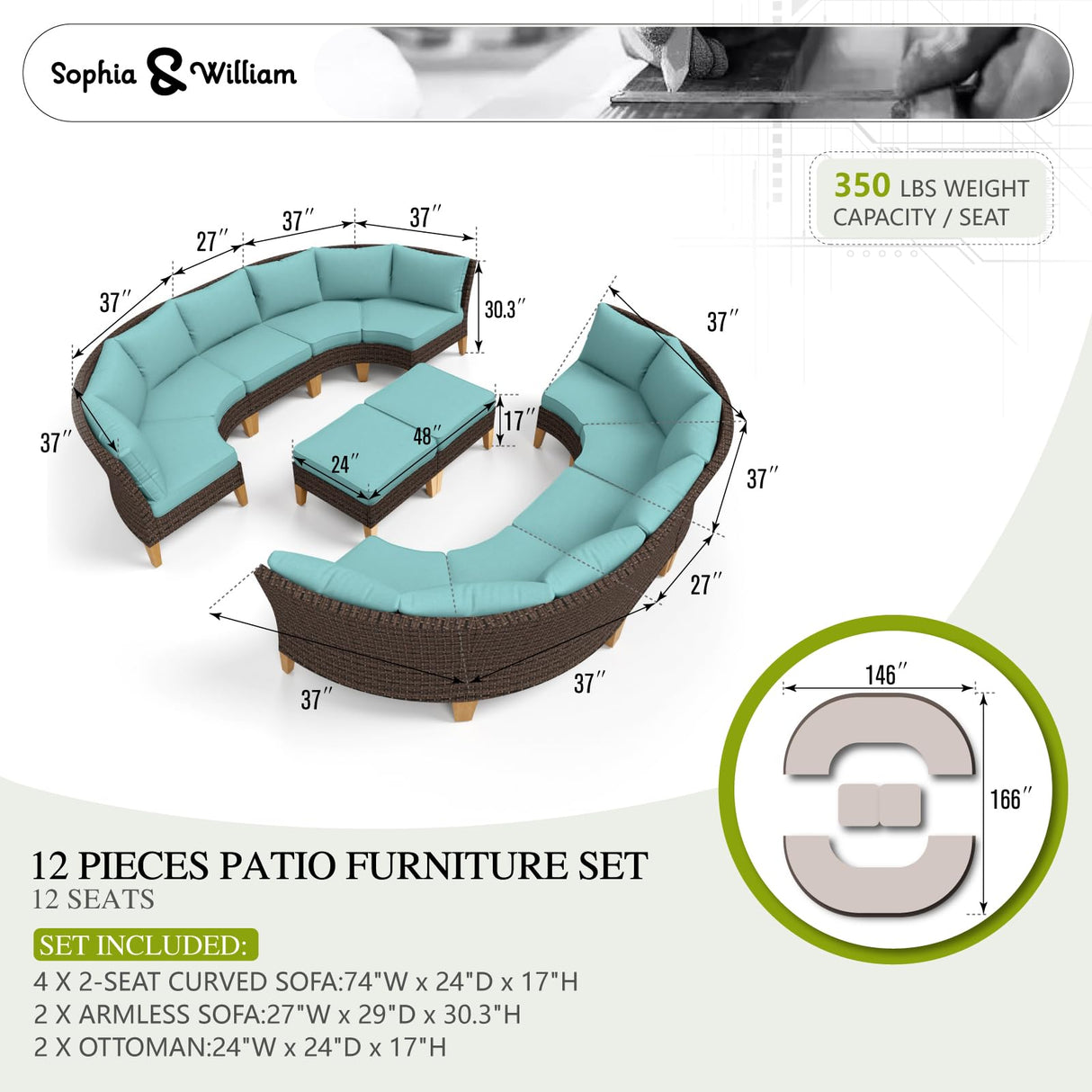 Sophia & William Outdoor Wicker Sectional Sofa Set, 12 Piece Half Moon Curved Patio Furniture Modern Round Outdoor Couch Conversation Set with Ottoman for Backyard, Deck, Garden(Aqua Blue) Sophia & William