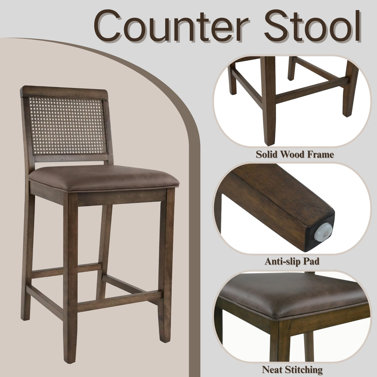 Janoray 26" Counter Height Bar Stools Set of 2, Rattan Woven Barstool with PU Leather Upholstered Seat and Solid Wood Frame Farmhouse Dining Chairs for Kitchen/Island Pub/Bistros/Restaurant Janoray