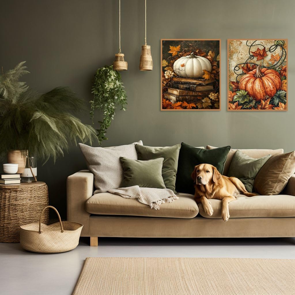 2 Pack Fall Pumpkin Paint by Numbers Kit for Adults Beginner with Frame,Thanksgiving Paint by Number with Wooden Easel DIY Adult Fallen Leaves Vines Book Paint by Number Kits for Home Decor 9x12 Inch VIGEGU