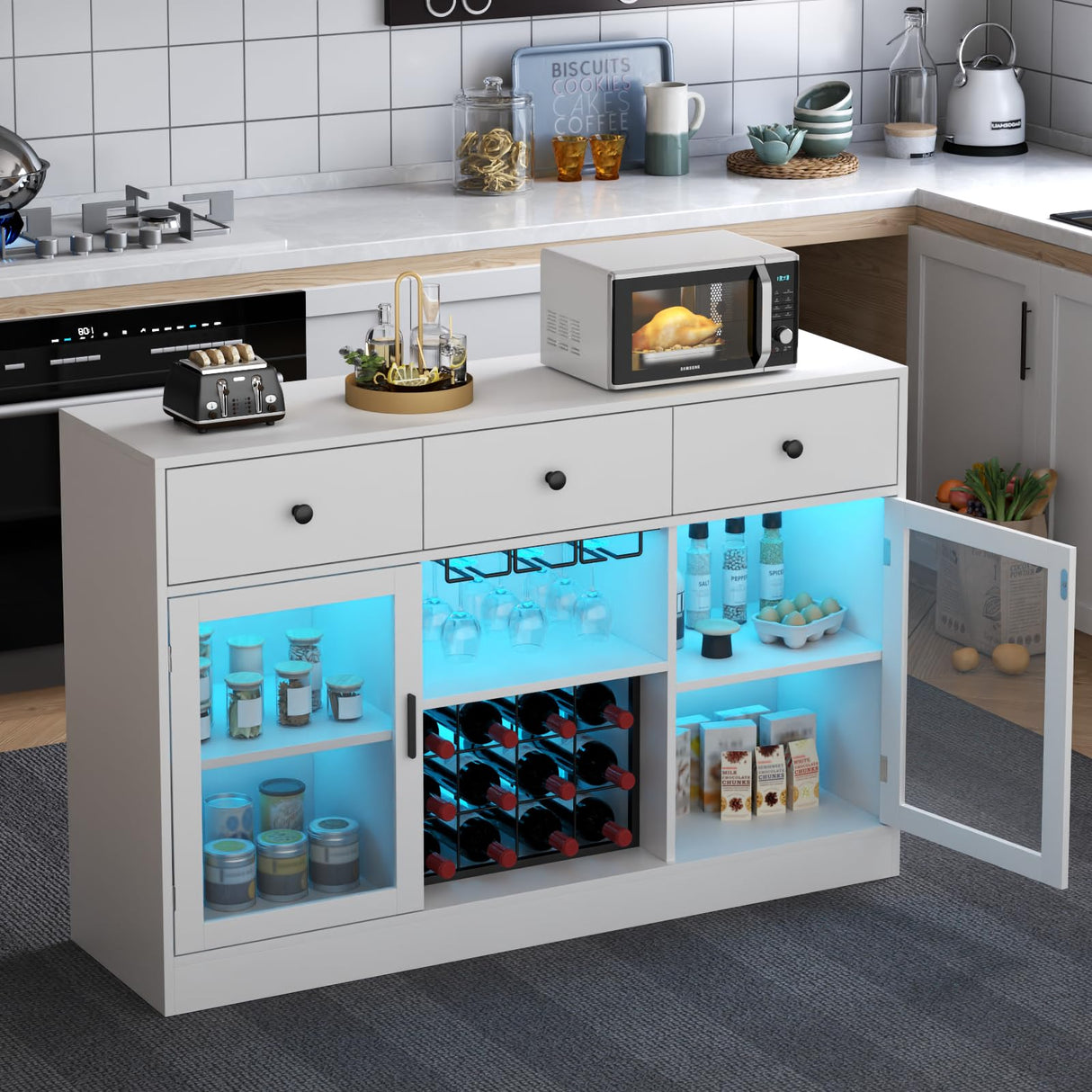 Auromie Wine Bar Cabinet with LED Light, Home Coffee Cabinet with Wine and Glass Rack, Kitchen Buffet Sideboard with Storage Cabinet&Drawers, Modern Liquor Cabinet for Living Room Dining Room (White.) Auromie