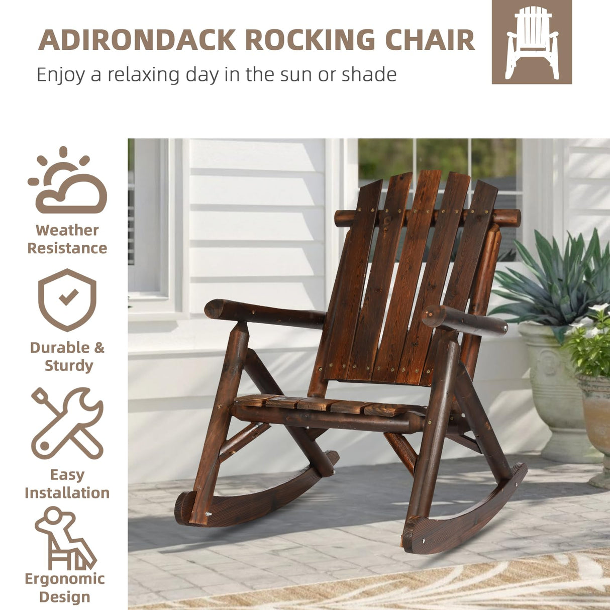 EPICOZY Outdoor Wooden Rocking Chair, Patio Rustic Adirondack Porch Rocker, All Weather Solid Wood Log Rocker Chair with High Back & Slatted Seat for Indoor, Backyard, Garden, Carbonized EPICOZY