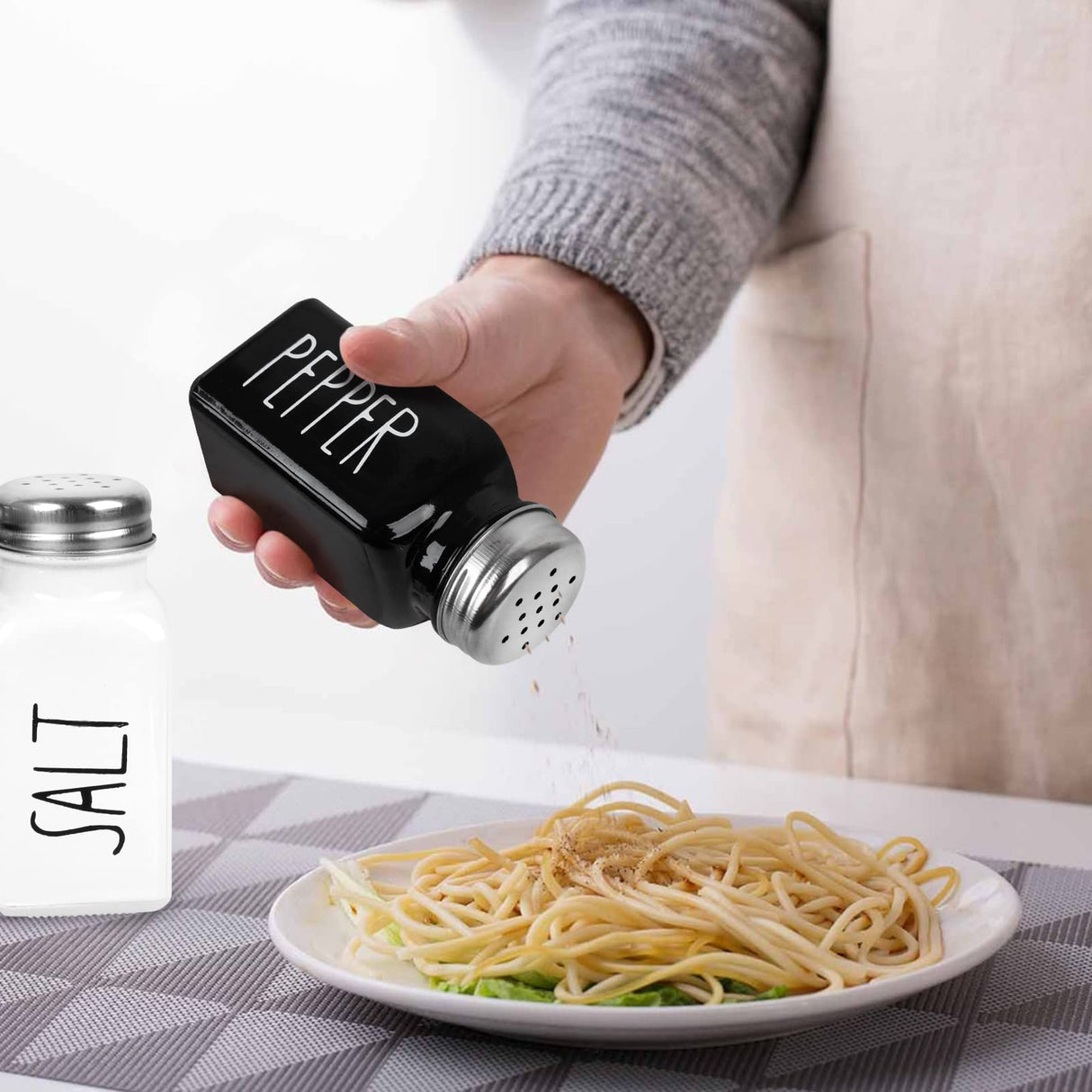 2 Pack Salt and Pepper Shakers Set, Glass Shaker with Stainless Steel Lid, Modern and Cute Farmhouse (Black and White) PECULA