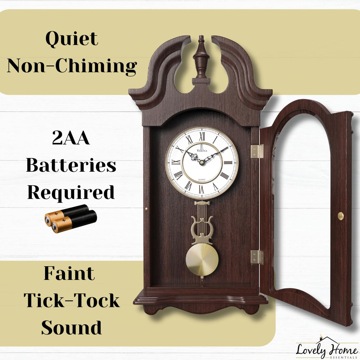 Pendulum Wall Clock Battery Operated - Wooden Hanging Grandfather Wall Clock with Pendulum, 23.5x9 inch - Quiet, Non-Chiming, with Real Wood for Living Room Decor, Office & Home Décor Gift Lovely Home Essentials