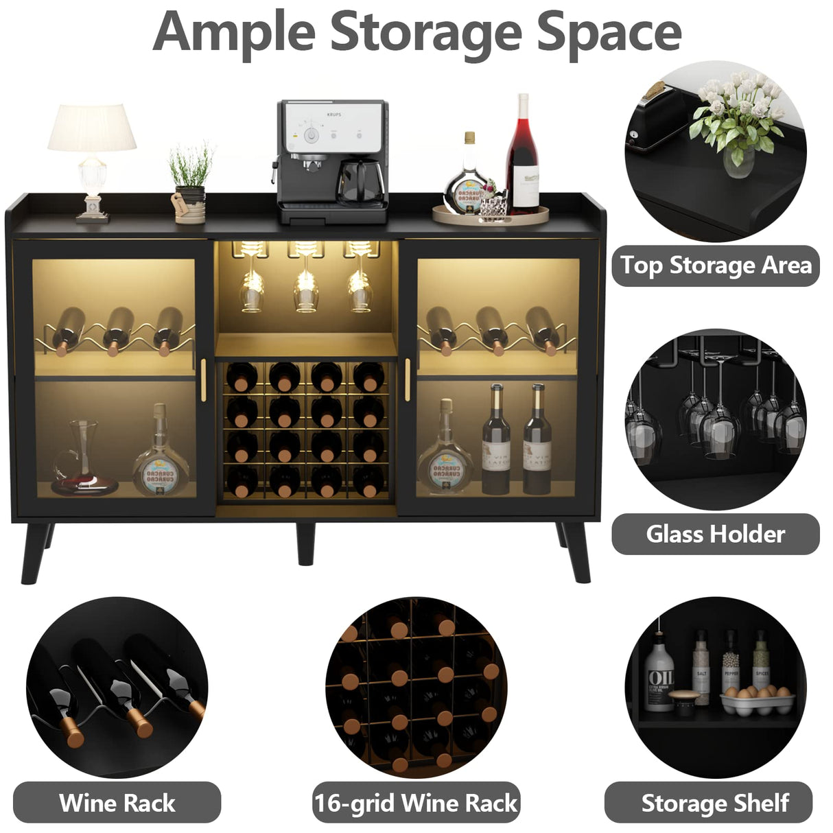 Auromie Wine Bar Cabinet with Led Light, Home Coffee Cabinet with Wine and Glass Rack, Kitchen Buffet Sideboard with Storage Shelves, Freestanding Liquor Cabinet for Living Room, Dining Room (Black) Auromie
